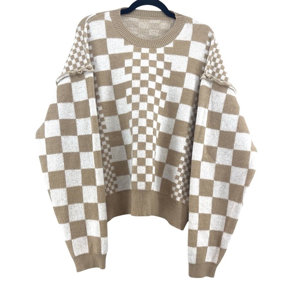 The Unbranded Brand Sweaters - Women's Checkered Drop Shoulder Sweater XL Slouchy Oversized Cozy Feminine Soft